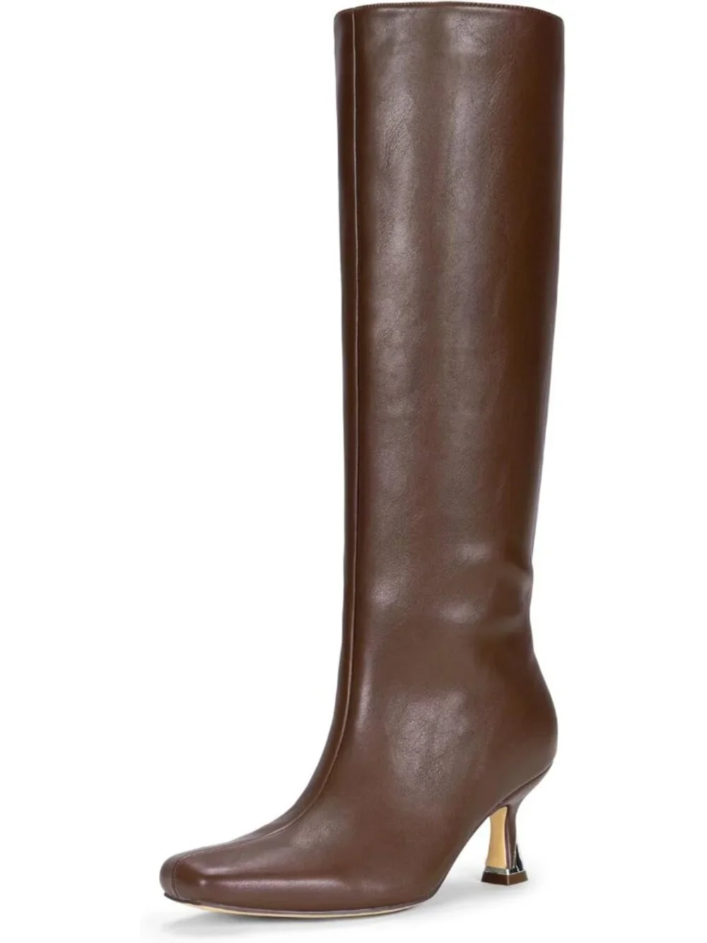 Women's Brown Square Toe Kitten Low Heel with Zipper Tall Dress Knee High Boots